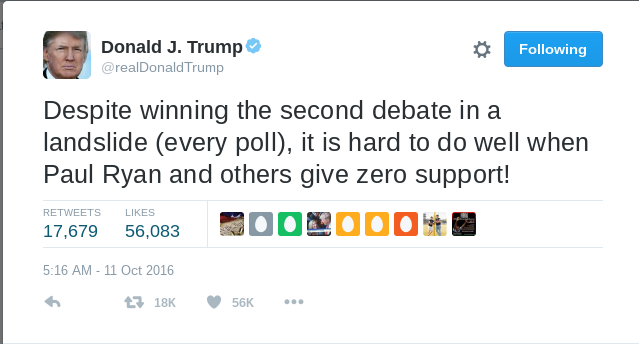 A tweet by Donald Trump after the second debate.