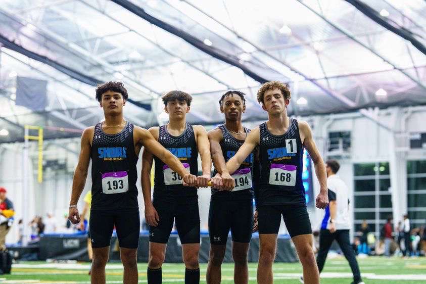 (L-R) Soph Ruben Esparza, Jr. Bryce Buckner, Sr. Allen Payne Jr, & Sr. Ben Monger, after winning the 4x200m relay with a time of 1:33, qualifying for state.