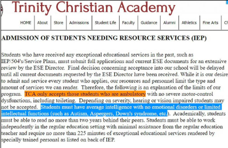 Trinity’s policy regarding the admission of students needing resource services.
