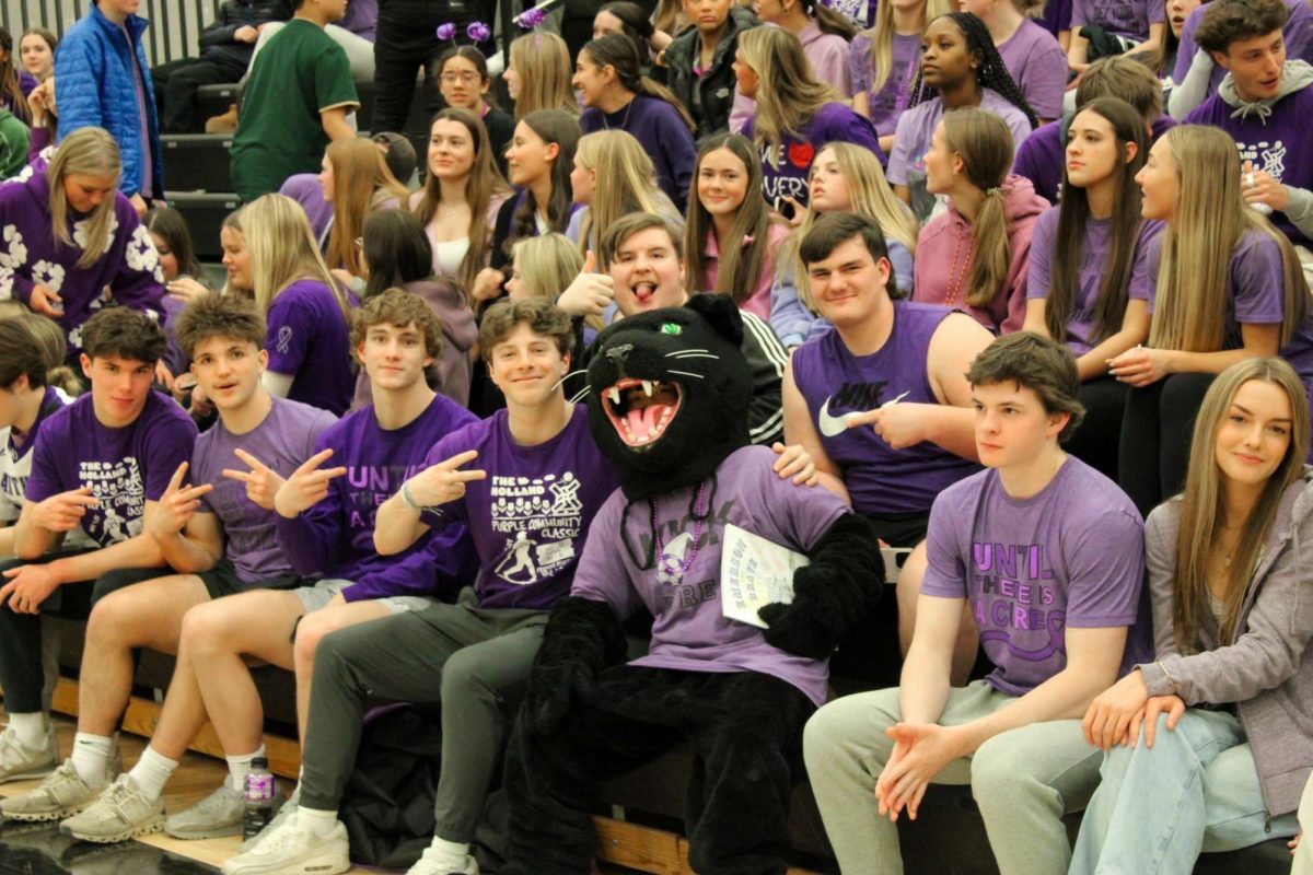 Connor Saeteurn, as the Panther, supports the boys’ purple power basketball game while carrying an “Emerson the Brave” book. 